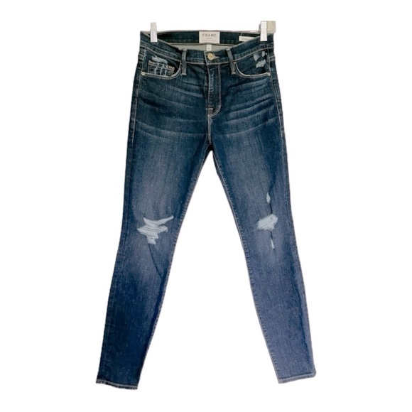 FRAME Le Skinny de Jeanne Distressed Mid Rise Jeans Wriley Wash | Size 28 - Picture 2 of 13